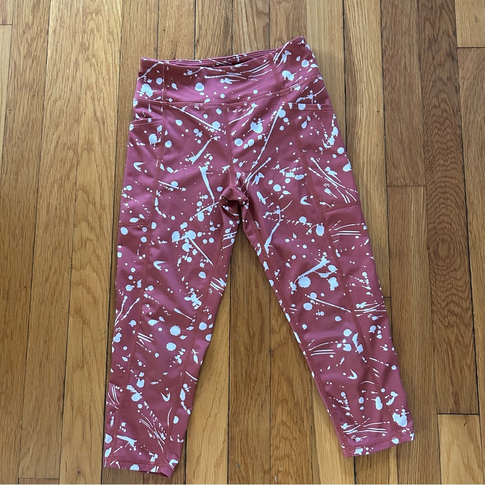 Zella size 8/10 Kids High-Waist Active Leggings in Dusty Rose w White Splatter